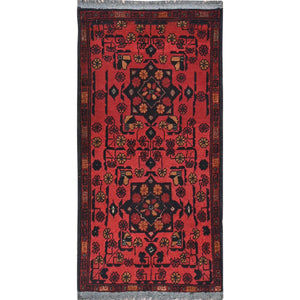 1'9"x3'4" Apple Red, Afghan Andkhoy with Geometric Pattern, 100% Wool Hand Knotted, Mat, Oriental Rug FWR511050