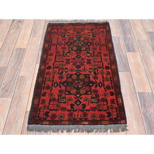 1'9"x3'4" Apple Red, Afghan Andkhoy with Geometric Pattern, 100% Wool Hand Knotted, Mat, Oriental Rug FWR511050
