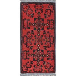 1'8"x3'4" Madder Red, Afghan Andkhoy with Tribal Design, 100% Wool Hand Knotted, Oriental Rug FWR511086