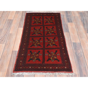 1'8"x3'3" Crimson Red, Afghan Andkhoy with Geometric Pattern, Soft Wool Hand Knotted, Oriental Rug FWR511098