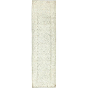 2'9"x9'7" Ivory, Hand Knotted, Afghan Stone Washed Peshawar, Soft Wool, Runner Oriental Rug FWR511278