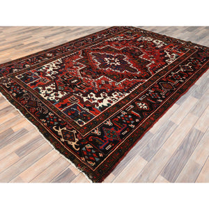 6'8"x9'3" Tomato Red, Hand Knotted, Worn Wool, Vintage Persian Heriz, Good Condition, Sides and Ends Professionally Secured, Cleaned, Oriental Rug FWR511422