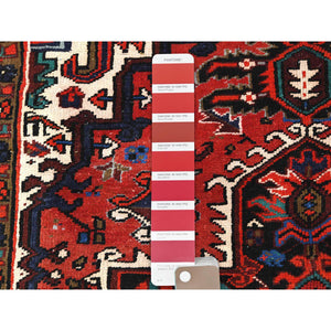 6'8"x9'3" Tomato Red, Hand Knotted, Worn Wool, Vintage Persian Heriz, Good Condition, Sides and Ends Professionally Secured, Cleaned, Oriental Rug FWR511422