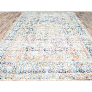 9'9"x13'2" Ivory, Vintage Persian Kerman, Washed Out and Erased Goombad Dome Design, Hand Knotted Soft Wool Evenly Worn, Cleaned with Sides and Edges Professionally Secured, Oriental Rug FWR511638
