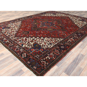 8'3"x11' Lava Red, Semi Antique Persian Heriz Abrash, Hand Knotted, Ivory Color Corners, Good Condition, Areas of Worn Wool, Sides and Ends Professionally Secured, cleaned, Oriental Rug FWR511674