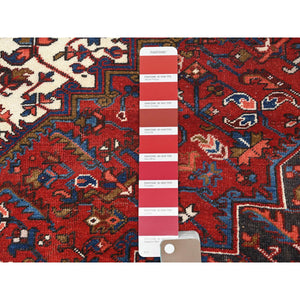 8'3"x11' Lava Red, Semi Antique Persian Heriz Abrash, Hand Knotted, Ivory Color Corners, Good Condition, Areas of Worn Wool, Sides and Ends Professionally Secured, cleaned, Oriental Rug FWR511674