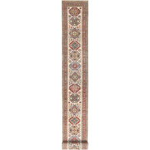 Load image into Gallery viewer, 2&#39;9&quot;x35&#39;8&quot; Ivory, Afghan Super Kazak with Geometric Medallion Design, Natural Dyes, Soft Wool Hand Knotted, XL Runner Oriental Rug FWR511746