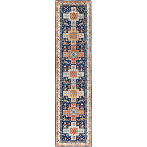 2'9"x11'3" Delft Blue, Armenian Inspired Caucasian Design with Birds Figurine, 200 KPSI, Natural Dyes, Densely Woven, 100% Wool, Hand Knotted, Runner Oriental Rug FWR511842