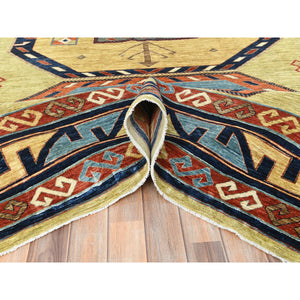 9'x11'7" Old Moss Green, Armenian Inspired Caucasian Design, 200 KPSI, Natural Dyes, Densely Woven, Soft Wool, Hand Knotted, Oriental Rug FWR511854