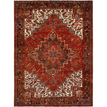 Load image into Gallery viewer, 8&#39;x10&#39;9&quot; Tomato Red, Vintage Bohemian Persian Heriz, Large Geometric Medallion, Evenly Worn, Pure Wool, Hand Knotted, Good Condition, Distressed Feel, Sides and Ends Professionally Secured, Cleaned, Oriental Rug FWR511872