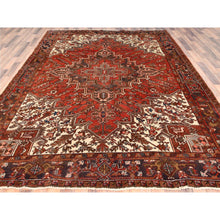 Load image into Gallery viewer, 8&#39;x10&#39;9&quot; Tomato Red, Vintage Bohemian Persian Heriz, Large Geometric Medallion, Evenly Worn, Pure Wool, Hand Knotted, Good Condition, Distressed Feel, Sides and Ends Professionally Secured, Cleaned, Oriental Rug FWR511872