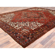 Load image into Gallery viewer, 8&#39;x10&#39;9&quot; Tomato Red, Vintage Bohemian Persian Heriz, Large Geometric Medallion, Evenly Worn, Pure Wool, Hand Knotted, Good Condition, Distressed Feel, Sides and Ends Professionally Secured, Cleaned, Oriental Rug FWR511872