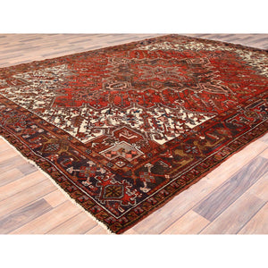 8'x10'9" Tomato Red, Vintage Bohemian Persian Heriz, Large Geometric Medallion, Evenly Worn, Pure Wool, Hand Knotted, Good Condition, Distressed Feel, Sides and Ends Professionally Secured, Cleaned, Oriental Rug FWR511872