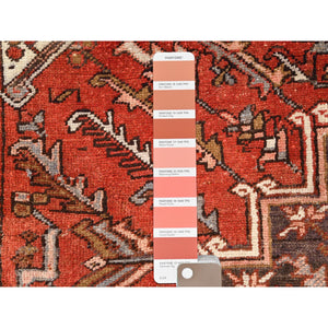 8'x10'9" Tomato Red, Vintage Bohemian Persian Heriz, Large Geometric Medallion, Evenly Worn, Pure Wool, Hand Knotted, Good Condition, Distressed Feel, Sides and Ends Professionally Secured, Cleaned, Oriental Rug FWR511872