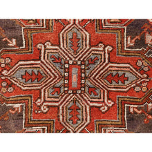 Load image into Gallery viewer, 8&#39;x10&#39;9&quot; Tomato Red, Vintage Bohemian Persian Heriz, Large Geometric Medallion, Evenly Worn, Pure Wool, Hand Knotted, Good Condition, Distressed Feel, Sides and Ends Professionally Secured, Cleaned, Oriental Rug FWR511872