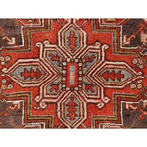 8'x10'9" Tomato Red, Vintage Bohemian Persian Heriz, Large Geometric Medallion, Evenly Worn, Pure Wool, Hand Knotted, Good Condition, Distressed Feel, Sides and Ends Professionally Secured, Cleaned, Oriental Rug FWR511872