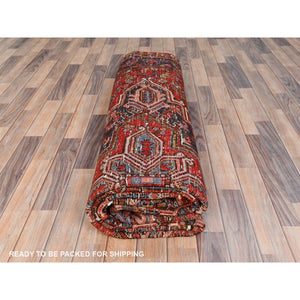 8'x10'9" Tomato Red, Vintage Bohemian Persian Heriz, Large Geometric Medallion, Evenly Worn, Pure Wool, Hand Knotted, Good Condition, Distressed Feel, Sides and Ends Professionally Secured, Cleaned, Oriental Rug FWR511872
