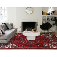 Load image into Gallery viewer, 8&#39;x10&#39;8&quot; Crimson Red with Ivory Corners, Semi Antique Bohemian Persian Heriz, Rustic Feel, Pure Wool, Hand Knotted, Good Condition, Sides and Ends Professionally Secured, Cleaned, Oriental Rug FWR511878