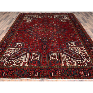 8'x10'8" Crimson Red with Ivory Corners, Semi Antique Bohemian Persian Heriz, Rustic Feel, Pure Wool, Hand Knotted, Good Condition, Sides and Ends Professionally Secured, Cleaned, Oriental Rug FWR511878