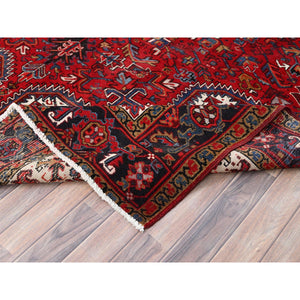 8'x10'8" Crimson Red with Ivory Corners, Semi Antique Bohemian Persian Heriz, Rustic Feel, Pure Wool, Hand Knotted, Good Condition, Sides and Ends Professionally Secured, Cleaned, Oriental Rug FWR511878