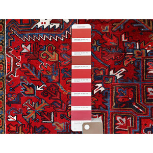 8'x10'8" Crimson Red with Ivory Corners, Semi Antique Bohemian Persian Heriz, Rustic Feel, Pure Wool, Hand Knotted, Good Condition, Sides and Ends Professionally Secured, Cleaned, Oriental Rug FWR511878