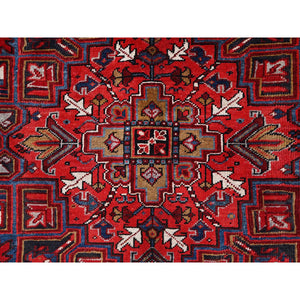8'x10'8" Crimson Red with Ivory Corners, Semi Antique Bohemian Persian Heriz, Rustic Feel, Pure Wool, Hand Knotted, Good Condition, Sides and Ends Professionally Secured, Cleaned, Oriental Rug FWR511878