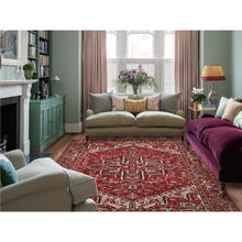 Load image into Gallery viewer, 7&#39;9&quot;x10&#39;10&quot; Ajax Red, Pure Wool, Hand Knotted, Vintage Bohemian Persian Heriz, Large Geometric Medallion, Good Condition, Rustic Look, Sides and Ends Professionally Secured, Cleaned, Oriental Rug FWR512034