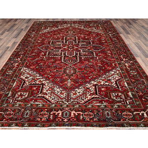 7'9"x10'10" Ajax Red, Pure Wool, Hand Knotted, Vintage Bohemian Persian Heriz, Large Geometric Medallion, Good Condition, Rustic Look, Sides and Ends Professionally Secured, Cleaned, Oriental Rug FWR512034