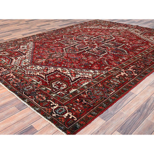 7'9"x10'10" Ajax Red, Pure Wool, Hand Knotted, Vintage Bohemian Persian Heriz, Large Geometric Medallion, Good Condition, Rustic Look, Sides and Ends Professionally Secured, Cleaned, Oriental Rug FWR512034