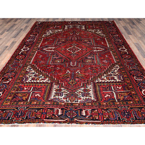 7'8"x11' Carmine Red, Semi Antique Bohemian Persian Heriz, Good Condition, Distressed Feel, Evenly Worn, Pure Wool, Hand Knotted, Sides and Ends Professionally Secured, Cleaned, Oriental Rug FWR512136