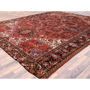 10'x12'5" Barn Red, Semi Antique Bohemian Persian Heriz, Good Condition, Distressed Feel, Evenly Worn, Pure Wool, Hand Knotted, Sides and Ends Professionally Secured, Cleaned, Oriental Rug FWR512208