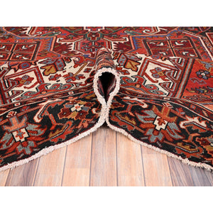 10'x12'5" Barn Red, Semi Antique Bohemian Persian Heriz, Good Condition, Distressed Feel, Evenly Worn, Pure Wool, Hand Knotted, Sides and Ends Professionally Secured, Cleaned, Oriental Rug FWR512208