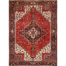 Load image into Gallery viewer, 8&#39;3&quot;x10&#39;10&quot; Chili Red with Ivory Corners, Rustic Feel, Pure Wool, Hand Knotted, Semi Antique Bohemian Persian Heriz, Good Condition, Sides and Ends Professionally Secured, Cleaned, Oriental Rug FWR512310