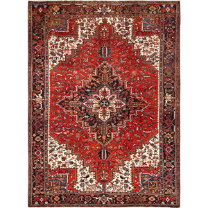 8'3"x10'10" Chili Red with Ivory Corners, Rustic Feel, Pure Wool, Hand Knotted, Semi Antique Bohemian Persian Heriz, Good Condition, Sides and Ends Professionally Secured, Cleaned, Oriental Rug FWR512310
