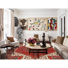 Load image into Gallery viewer, 8&#39;3&quot;x10&#39;10&quot; Chili Red with Ivory Corners, Rustic Feel, Pure Wool, Hand Knotted, Semi Antique Bohemian Persian Heriz, Good Condition, Sides and Ends Professionally Secured, Cleaned, Oriental Rug FWR512310