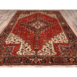 8'3"x10'10" Chili Red with Ivory Corners, Rustic Feel, Pure Wool, Hand Knotted, Semi Antique Bohemian Persian Heriz, Good Condition, Sides and Ends Professionally Secured, Cleaned, Oriental Rug FWR512310