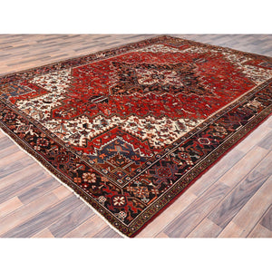 8'3"x10'10" Chili Red with Ivory Corners, Rustic Feel, Pure Wool, Hand Knotted, Semi Antique Bohemian Persian Heriz, Good Condition, Sides and Ends Professionally Secured, Cleaned, Oriental Rug FWR512310