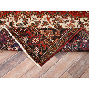 8'3"x10'10" Chili Red with Ivory Corners, Rustic Feel, Pure Wool, Hand Knotted, Semi Antique Bohemian Persian Heriz, Good Condition, Sides and Ends Professionally Secured, Cleaned, Oriental Rug FWR512310