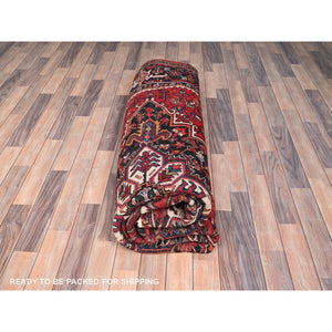 8'3"x10'10" Chili Red with Ivory Corners, Rustic Feel, Pure Wool, Hand Knotted, Semi Antique Bohemian Persian Heriz, Good Condition, Sides and Ends Professionally Secured, Cleaned, Oriental Rug FWR512310
