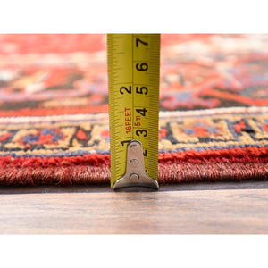 8'3"x10'10" Chili Red with Ivory Corners, Rustic Feel, Pure Wool, Hand Knotted, Semi Antique Bohemian Persian Heriz, Good Condition, Sides and Ends Professionally Secured, Cleaned, Oriental Rug FWR512310