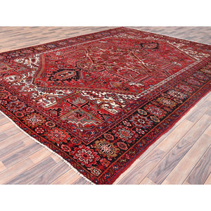 9'9"x12'6" Desire Red, Distressed Look, Pure Wool, Hand Knotted, Vintage Bohemian, Persian Heriz, Good Condition, Sides and Ends Professionally Secured, Cleaned, Oriental Rug FWR512340