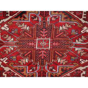 9'9"x12'6" Desire Red, Distressed Look, Pure Wool, Hand Knotted, Vintage Bohemian, Persian Heriz, Good Condition, Sides and Ends Professionally Secured, Cleaned, Oriental Rug FWR512340