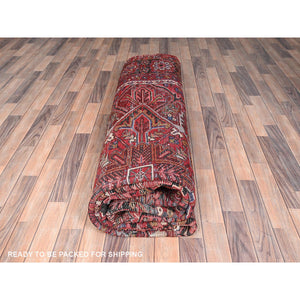 9'9"x12'6" Desire Red, Distressed Look, Pure Wool, Hand Knotted, Vintage Bohemian, Persian Heriz, Good Condition, Sides and Ends Professionally Secured, Cleaned, Oriental Rug FWR512340