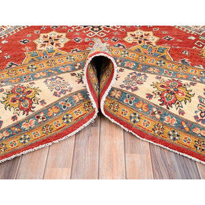 9'2"x11'10" Rose Red, Hand Knotted, Natural Dyes, Extra Soft Wool, Special Kazak with Geometric Medallions, Oriental Rug FWR512472