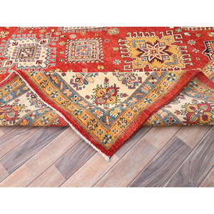9'2"x11'10" Rose Red, Hand Knotted, Natural Dyes, Extra Soft Wool, Special Kazak with Geometric Medallions, Oriental Rug FWR512472