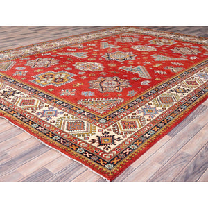 9'1"x12' Brick Red, Special Kazak with Large Elements, 100% Wool, Vegetable Dyes, Hand Knotted, Oriental Rug FWR512478