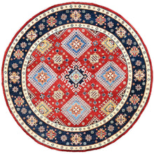 Load image into Gallery viewer, 7&#39;10&quot;x7&#39;9&quot; Crimson Red, Vegetable Dyes, Extra Soft Wool, Special Kazak with Geometric Elements, Hand Knotted, Round Oriental Rug FWR512502