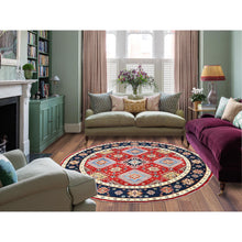 Load image into Gallery viewer, 7&#39;10&quot;x7&#39;9&quot; Crimson Red, Vegetable Dyes, Extra Soft Wool, Special Kazak with Geometric Elements, Hand Knotted, Round Oriental Rug FWR512502