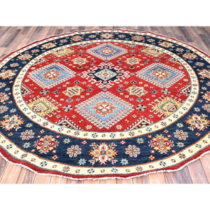 7'10"x7'9" Crimson Red, Vegetable Dyes, Extra Soft Wool, Special Kazak with Geometric Elements, Hand Knotted, Round Oriental Rug FWR512502