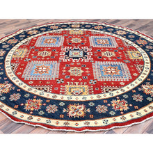 Load image into Gallery viewer, 7&#39;10&quot;x7&#39;9&quot; Crimson Red, Vegetable Dyes, Extra Soft Wool, Special Kazak with Geometric Elements, Hand Knotted, Round Oriental Rug FWR512502